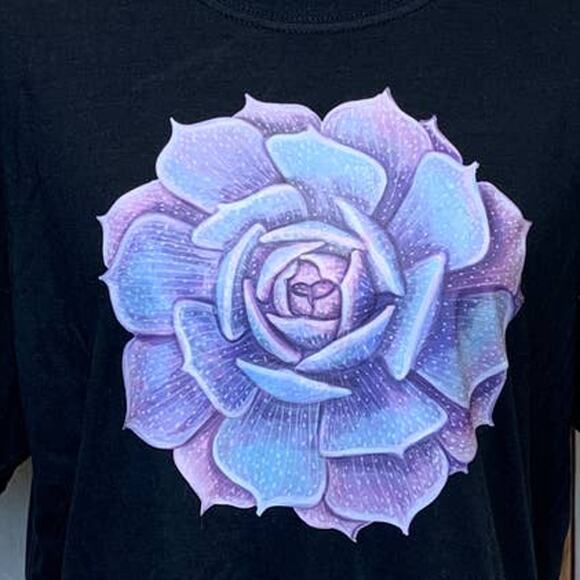 Hand Printed Upcycled Women Medium Purple Blue Succulent Cactus Short Sleeve Tee - Picture 2 of 3